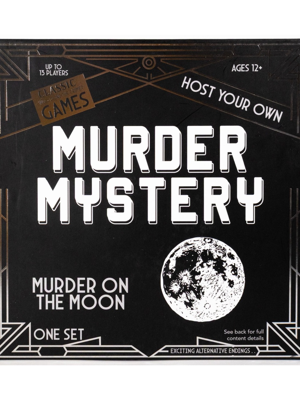 Murder Mystery "Murder on the Moon" Party Game - Black & White Box
